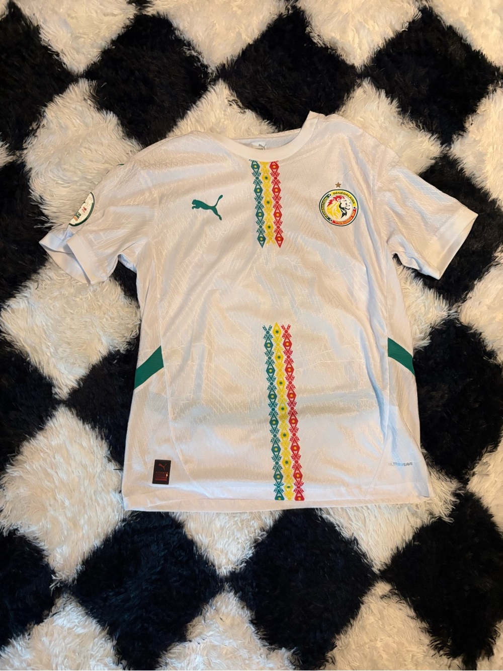 Puma White Kids Senegal Football Jersey with Green, Red & Yellow Accents